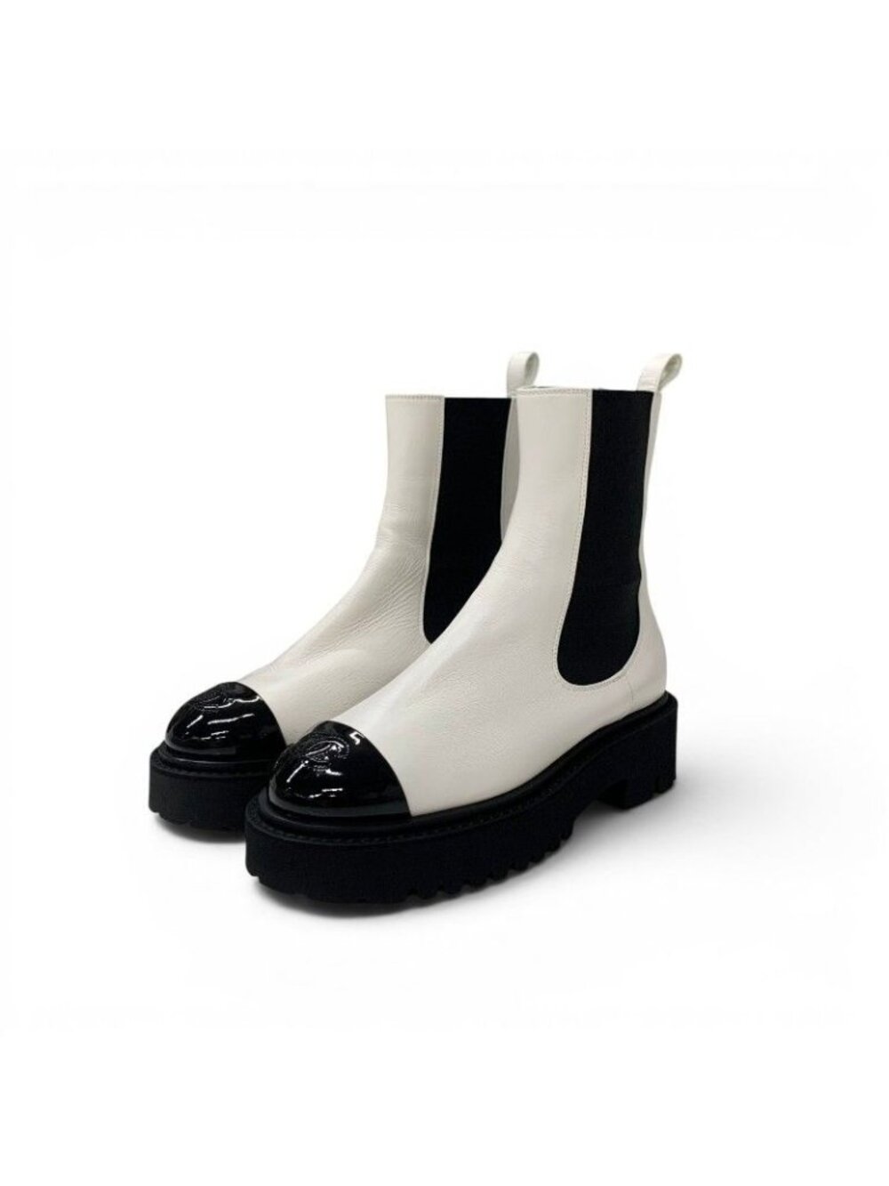 Chanel Boots Short Shoes Leather Patent White Black CC Logo Side Gore